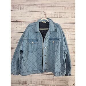 Eloquii Women's Plus Size 20 Quilted Denim Jacket Blue Button Front Long Sleeve